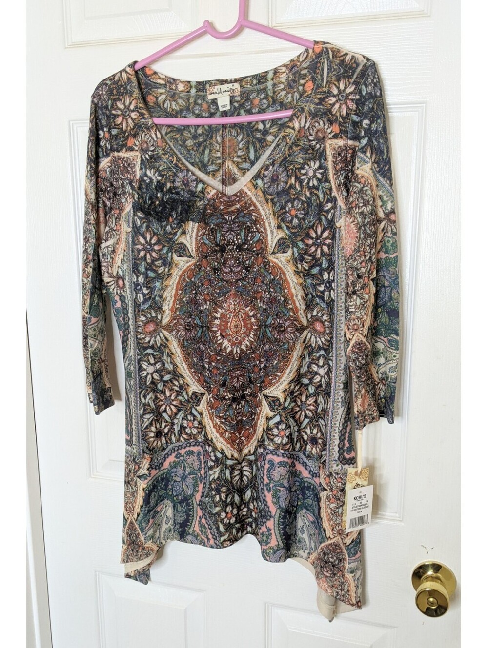 World Unity Womens V-Neck Tunic Top Multicolor Paisley 3/4 Sleeves NWT Sz Medium